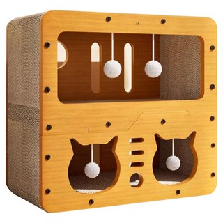 叮咚寵物 雙層躲貓貓屋貓抓板, 1個, 木色