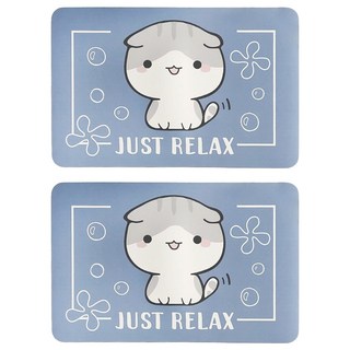 矽藻土軟地墊 Set 2個 腳感舒適 易於摺疊收納 硅藻泥與乳膠發泡層 吸水迅速 保持乾爽 清潔方便 輕鬆打理, 60 x 40cm, 藍底摺耳貓, 1組