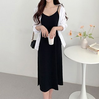 歐逆 吊帶連身裙 V領 無袖 棉+聚酯纖維, F, 黑