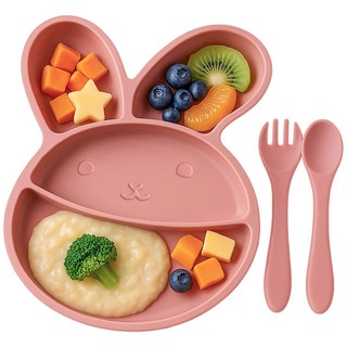 아띠래빗 아기 토끼 흡착 식판 + 스푼 + 포크 세트, 드라이로즈, 1세트