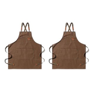日式職人工作圍裙, 棕色, 棉織帆布+皮革, 尺寸68x76cm, 駝色, 2個