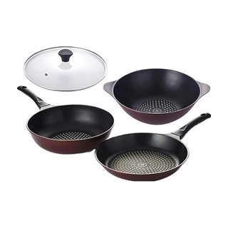 Kitchen-Art 平底鍋具4件組, 酒紅色+透明鍋蓋, 平底鍋 28cm+深型平底鍋 28cm+大炒鍋 28cm+玻璃鍋蓋 28cm, 1組