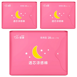 icon 愛康 透芯涼感衛生棉 護翼型, 夜用型 28cm, 7片, 3包