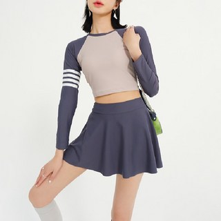 女生分體運動泳衣 長袖褲裙套裝, M, 紫灰色