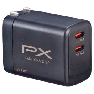 PX 大通 氮化鎵GaN 快速充電器48W 雙孔Type-C 3倍快充 超輕量筆電適用 90度折疊插腳, 黑色, 1個