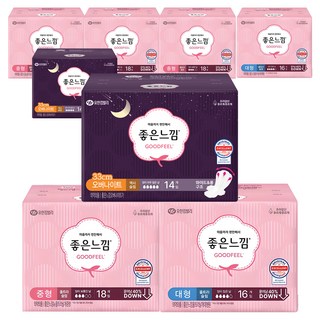 좋은느낌 오리지널 울트라슬림 생리대 날개형 중형 18p x 2팩 + 대형 16p + 맥시슬림 오버나이트 14p 세트, 2세트