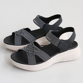 DGN 女款 Manuka 超輕量舒適氣墊鬆緊帶X型繫帶厚底涼鞋, 黑色, 225