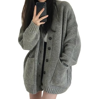 V領寬鬆小香風排釦外套，有口袋，棉+聚酯纖維, 肩寬59cm + 胸寬62cm + 袖長44cm + 全長69cm, 灰色