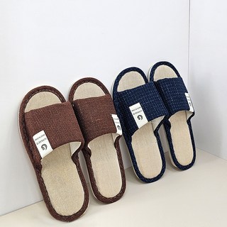 素面布標亞麻室內拖鞋 2雙組, 海軍藍+棕色, 1組