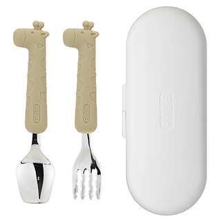 Edison 愛迪生 矽膠柄兒童餐具組, 米色長頸鹿, 湯匙+叉子+收納盒, 1組