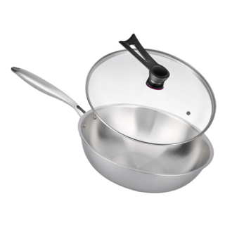 新錸家居 極緻304無塗層純不鏽鋼炒鍋 附可立式玻璃蓋, 32cm, 1個