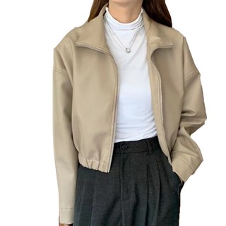 韓版翻領素面超軟皮短款夾克, 肩寬59cm 胸寬51cm 袖長51cm 全長49cm, 奶茶色