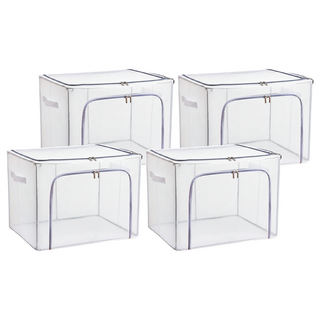 樂邦 雙開口PVC鋼架衣服收納箱/棉被收納 拉鍊 大容量 可疊加 80L, 藏灰色, 4個