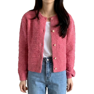 復古小香風圓領針織外套 F, 粉紅