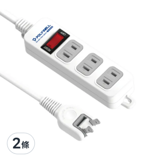 POLYWELL 寶利威爾 2孔電源延長線單切3座 PW15-T05-A020, 9尺(2.7m), 白色, 2條