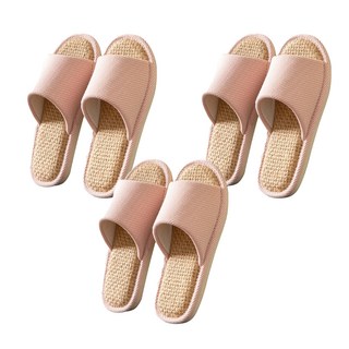 日式居家粗亞麻透氣防滑男女士室內拖鞋, 粉色, 3雙