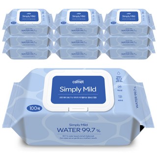 코멧 워터 99.7% 마일드 엠보싱 아기물티슈 캡형 피부 저자극 인증, 10팩, 100매, 50g