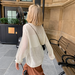 慵懶寬鬆洞洞針織罩衫, 白色, 棉+聚酯纖維, 肩寬65cm 胸寬62cm 袖長49cm 長65cm