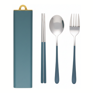 拉伸盒便攜餐具 筷勺3件組, 藍色 + 銀色, 筷子 + 湯匙 + 叉子, 1組