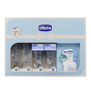 Chicco 舒適哺乳玻璃奶瓶彌月禮盒 含防脹氣奶瓶150ml*2 + 240ml*2 矽膠奶瓶刷 矽膠安撫奶嘴, 1組, 灰白色