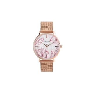 MARIGOLD 美爾朵 幸福到來手繪金盞花浮雕金屬米蘭鍊帶手錶 錶面直徑3.5cm 錶帶寬度1.8cm 母貝白面玫金帶, 絲花母貝白面玫金帶