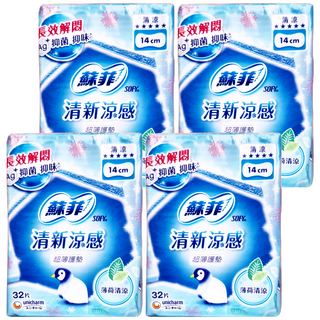 SOFY 蘇菲 清新涼感清涼薄荷護墊, 14cm, 32片, 4包