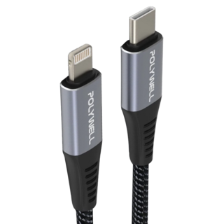 POLYWELL 寶利威爾 Type-C Lightning 蘋果PD快充編織線 iPhone PW15-W45-A286, 2m, 灰色, 1條