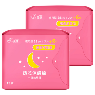 icon 愛康 透芯涼感衛生棉 超值裝, 夜用型 28cm, 13片, 2包