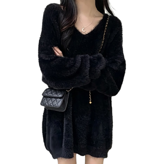 日常慵懶長版毛衣, V領寬鬆顯瘦, 肩寬62cm x 胸寬54cm x 全長74cm x 袖長46cm, 黑