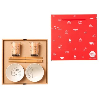 Mao's 樂陶陶 愛貓雙碗玻璃杯禮盒組, 2個小碗 + 2個玻璃杯 + 2雙筷子 + 提盒式禮盒, 愛貓, 1盒