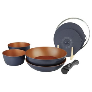 Queen Chef 美國華福萬用收納, 灰色 + 咖啡色, 28 公分炒鍋 + 28 公分平底鍋 + 20 公分深湯鍋 + 16 公分雪平湯鍋 + 2個矽膠上蓋 + 玻璃蓋 + 可拆式電木手柄, 1組