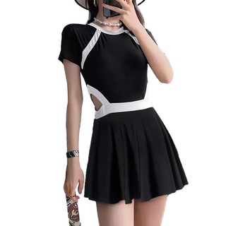 女生挖背短袖泳衣, 連身短裙兩件組, S, 黑色