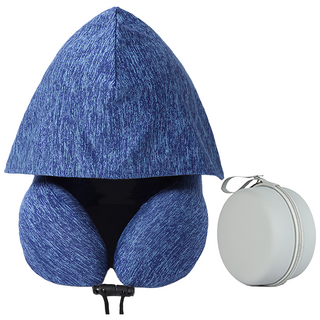 咪咪購物 飛機枕/連帽頸枕/脖子枕頭/護頸枕/旅行頸枕 戴帽款 + 收納盒, 深藍色