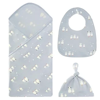 彌月禮盒組-北歐風嬰兒萬用包巾+寶寶帽+圍兜