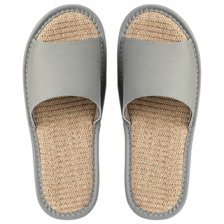 SHIMOYAMA 日式頭層牛皮亞麻底防滑室內拖鞋, 灰色, 1雙