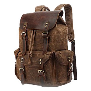 過蠟防潑水帆布配頭層瘋馬牛皮男士大容量雙肩包/後背包/登山包 CLB01, 灰色 + 深棕色, 1個