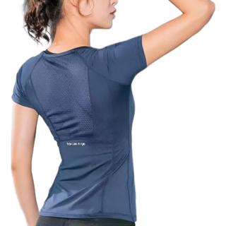 KR SKANGEL 透氣網紗拼接女修身運動上衣, S, 藏青色