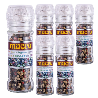 Macro 天然彩虹胡椒粒調味研磨罐, 瓶身可重複填裝, 35g, 6瓶