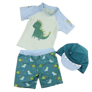 男童短袖分體泳衣套裝 - 上衣+泳褲+泳帽, 2碼, 綠底恐龍