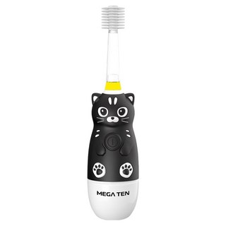 MEGA TEN 兒童電動牙刷 360度刷頭 LED燈 極細軟毛刷頭, 小黑貓 黑色 + 白色, 1支, MB-KS6008BC