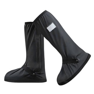 COMET 42cm高筒快穿加厚反光雨鞋套 綁帶設計行走更穩固 防滑鞋底 雙層防護, 黑色, 1雙