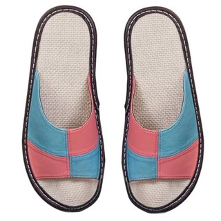 LIKEHOUSE真皮羊皮撞色拼接亞麻防滑室內拖鞋 LS29 舒適透氣, 27cm, 粉藍色, 1雙