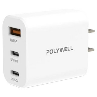 POLYWELL 寶利威爾 USB+雙Type-C 三孔快速充電器 30W PW15-T05-A055, 白色, 1個