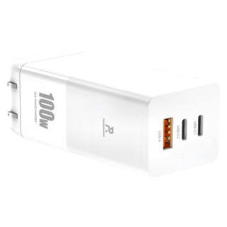 POWERRIDER 100W 氮化鎵三孔折疊快速充電器，PD100CA，USB-C1, USB-C2, USB-A輸出, 白色, 1個