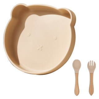 Raondam 嬰幼兒用小熊矽膠吸附餐具組, 1套, 餐盤 + 湯匙 + 叉子, 象牙白