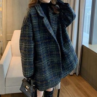 Goodif 女款保暖復古格紋毛呢寬鬆外套