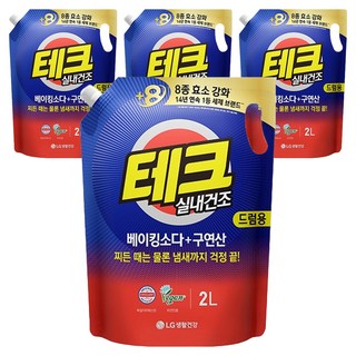 테크 베이킹소다 플러스 구연산 실내건조 액체세제 드럼용 리필, 2L, 4개