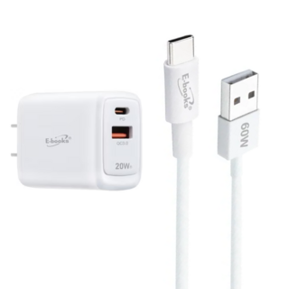 E-books B77 20W 智能電流 PD+QC 3.0 充電器 + 60W快充傳輸線組 USB to Type C, 白色, 1組