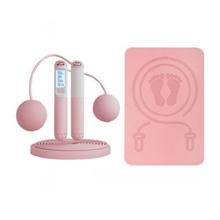 ANTIAN 負重磁控電子計數兩用跳繩 + 12mm方形跳繩墊 2件組 無繩跳繩 減震防滑隔音地墊, 1套, 珊瑚粉