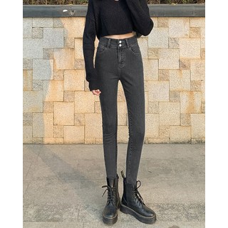 雙扣彈力鬚邊緊身牛仔褲 HL850, S, 黑灰